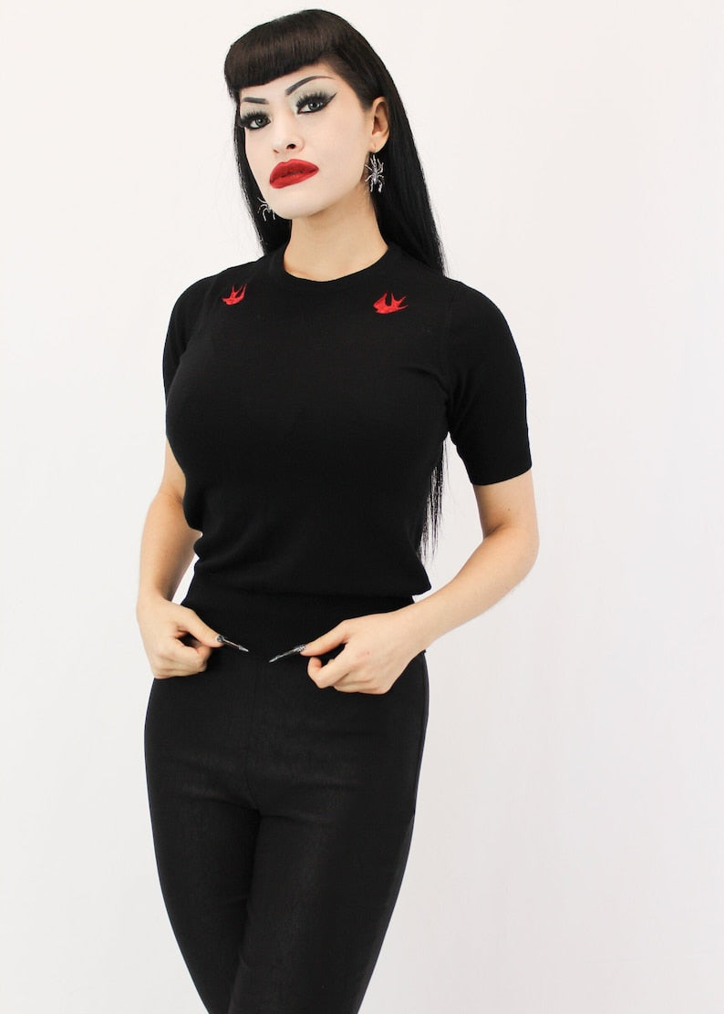 Red Sparrows Black Rockabilly Top