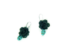 Load image into Gallery viewer, Handmade Polymer Clay Black Flowers and Blue Skulls Earrings