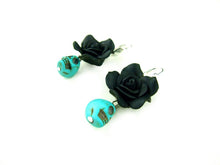 Load image into Gallery viewer, Handmade Polymer Clay Black Flowers and Blue Skulls Earrings