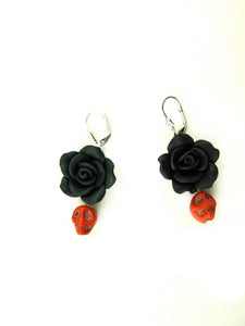 Handmade Polymer Clay Black Flowers and red Skulls Earrings