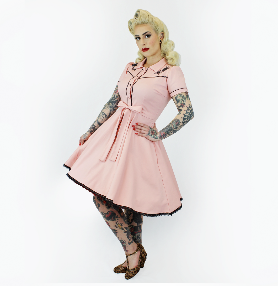 Pink Black Rose Vintage Rockabilly Western Country Women Dress 3XL