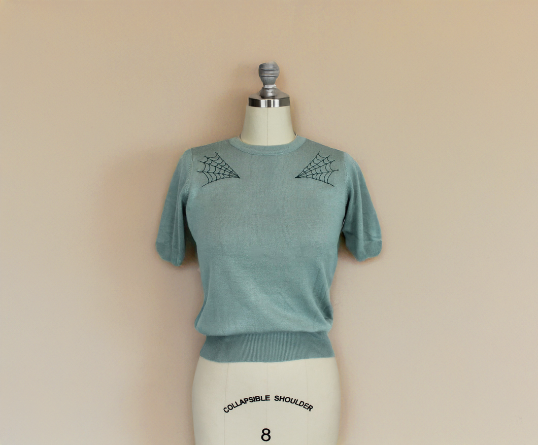 Pastel Sage Spiderweb Knit Blouse | Retro Witchy Top