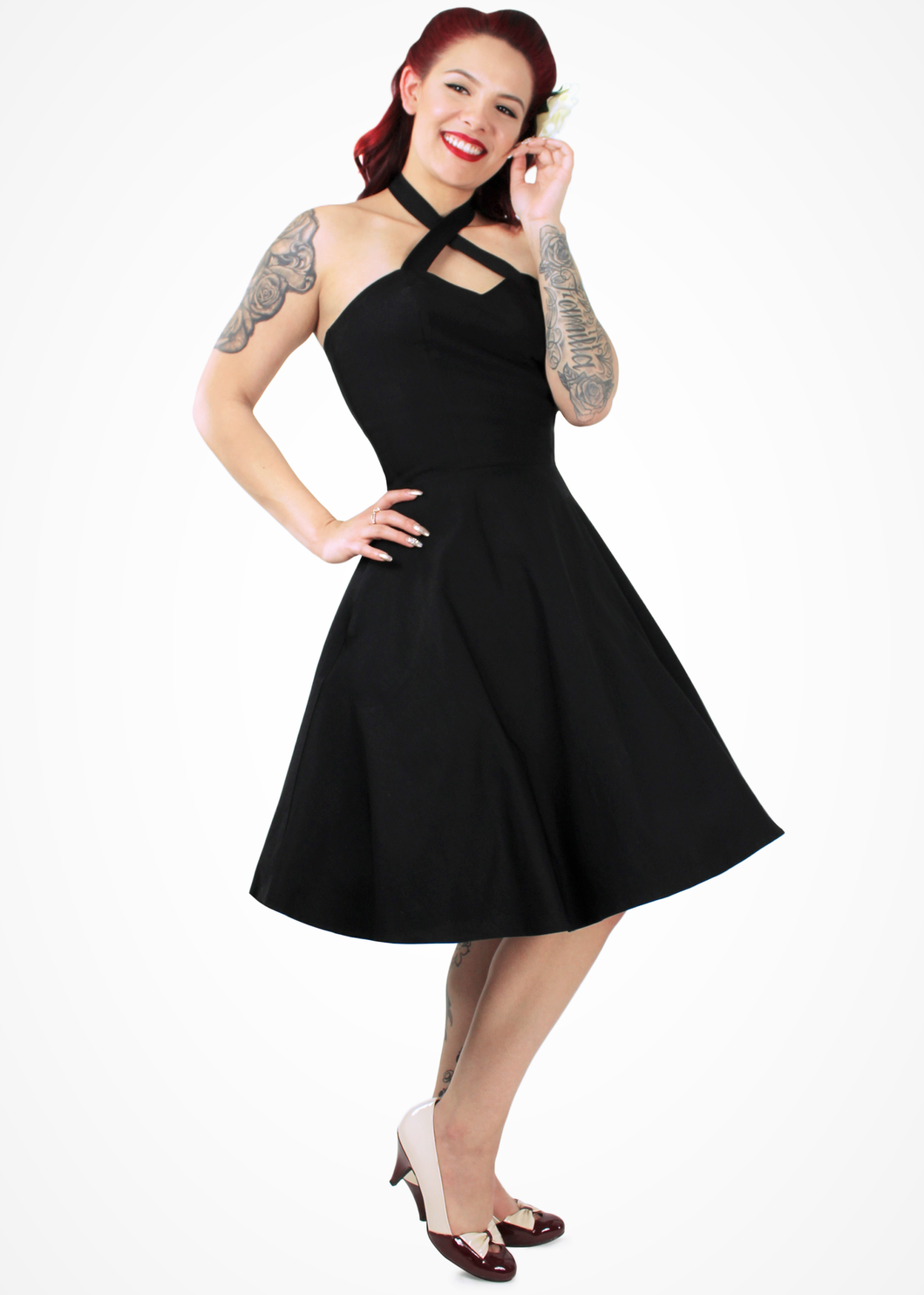 model wearing criss cross circle dress front 