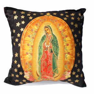Mexican Virgin Mary Guadalupe Black and Gold Stars Throw Pillow, front