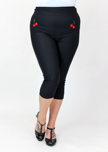 Load image into Gallery viewer, Black Pin Up High Waist Capri Pants - Embroidered Cherries